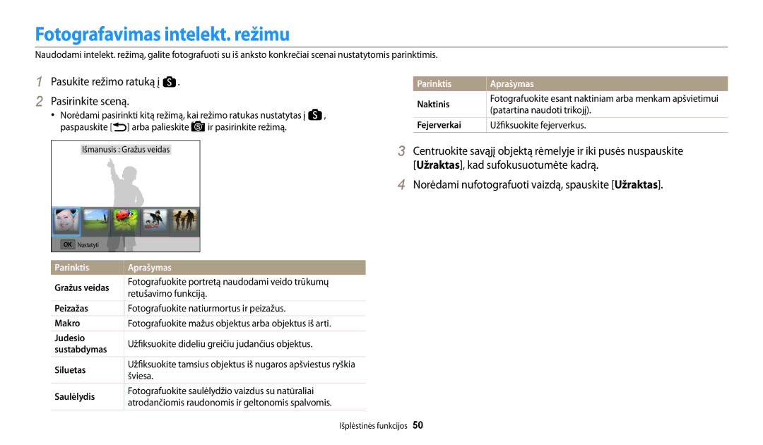 Samsung EC-WB200FBPBE2 Fotografavimas intelekt. režimu, Pasukite režimo ratuką į Pasirinkite sceną, Parinktis Aprašymas 