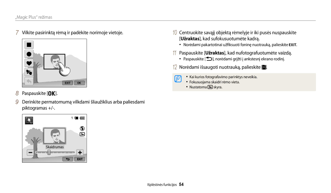 Samsung EC-WB200FBPBE2 Paspauskite Užraktas, kad nufotografuotumėte vaizdą, 12 Norėdami išsaugoti nuotrauką, palieskite 