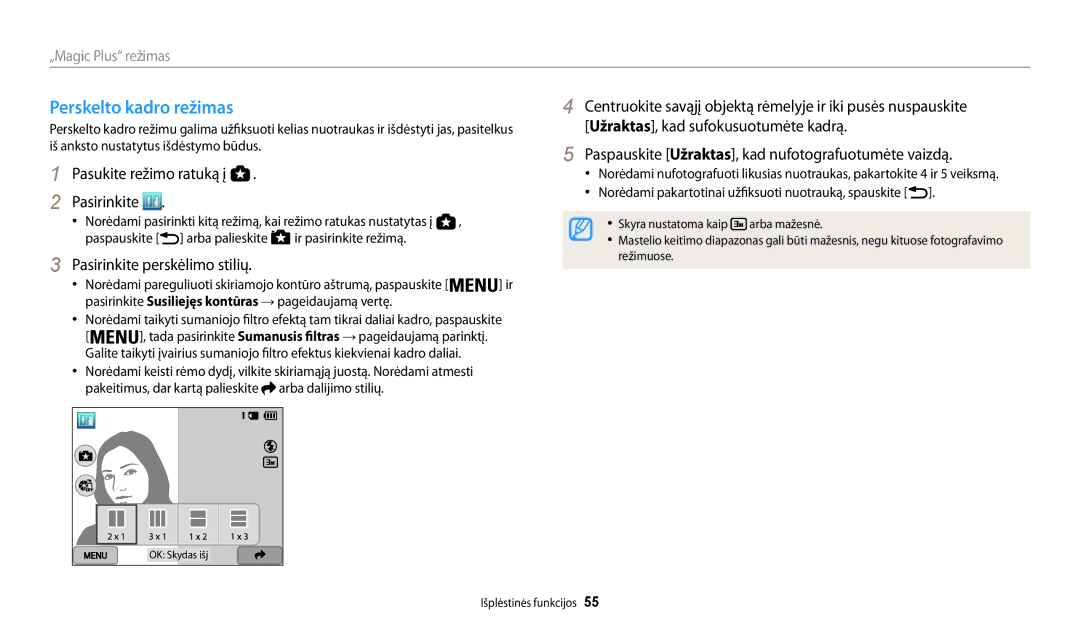 Samsung EC-WB200FBPBE2 manual Perskelto kadro režimas, Pasirinkite perskėlimo stilių 