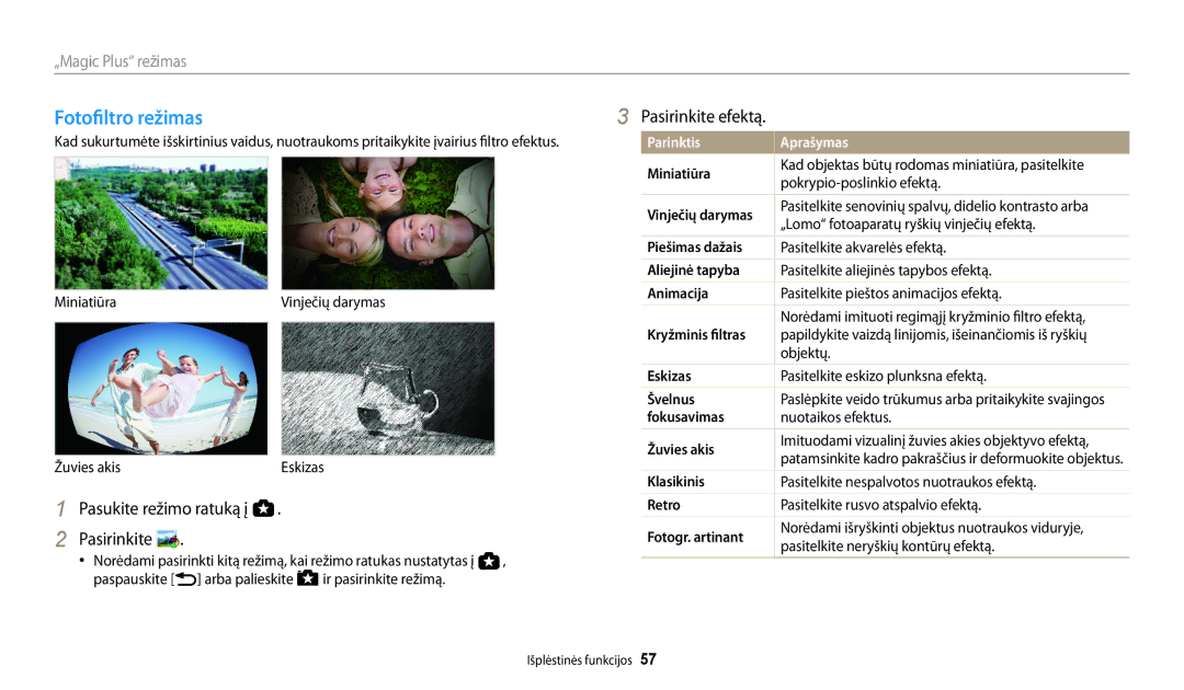 Samsung EC-WB200FBPBE2 manual Fotofiltro režimas, Pasirinkite efektą 