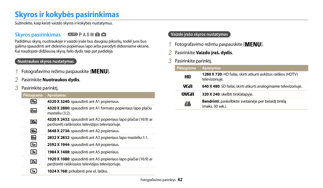 Samsung EC-WB200FBPBE2 manual Skyros ir kokybės pasirinkimas, Skyros pasirinkimas, Pasirinkite Nuotraukos dydis 