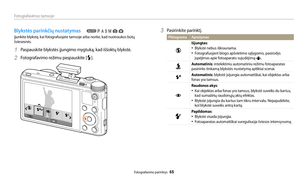 Samsung EC-WB200FBPBE2 manual Blykstės parinkčių nustatymas, Fotografavimas tamsoje, Išjungtas, Raudonos akys, Papildomas 