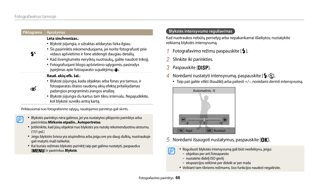 Samsung EC-WB200FBPBE2 Norėdami išsaugoti nustatymus, paspauskite, Blykstės intensyvumo reguliavimas, Lėta sinchronizac 