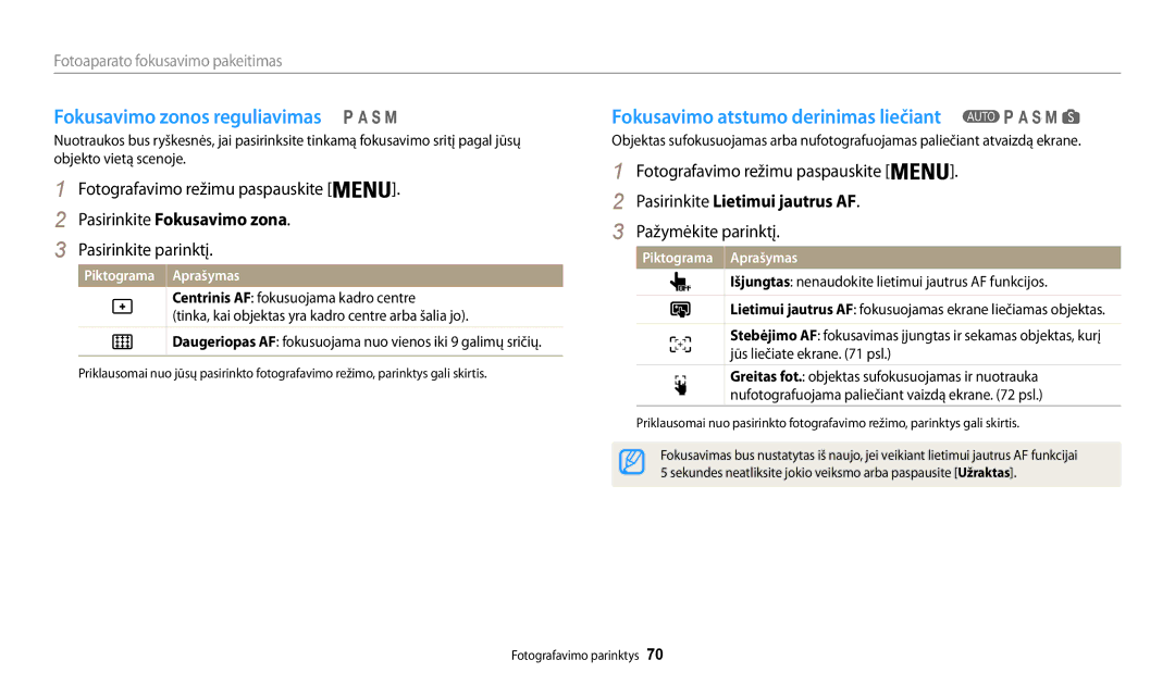 Samsung EC-WB200FBPBE2 Fokusavimo zonos reguliavimas, Fokusavimo atstumo derinimas liečiant, Pasirinkite Fokusavimo zona 