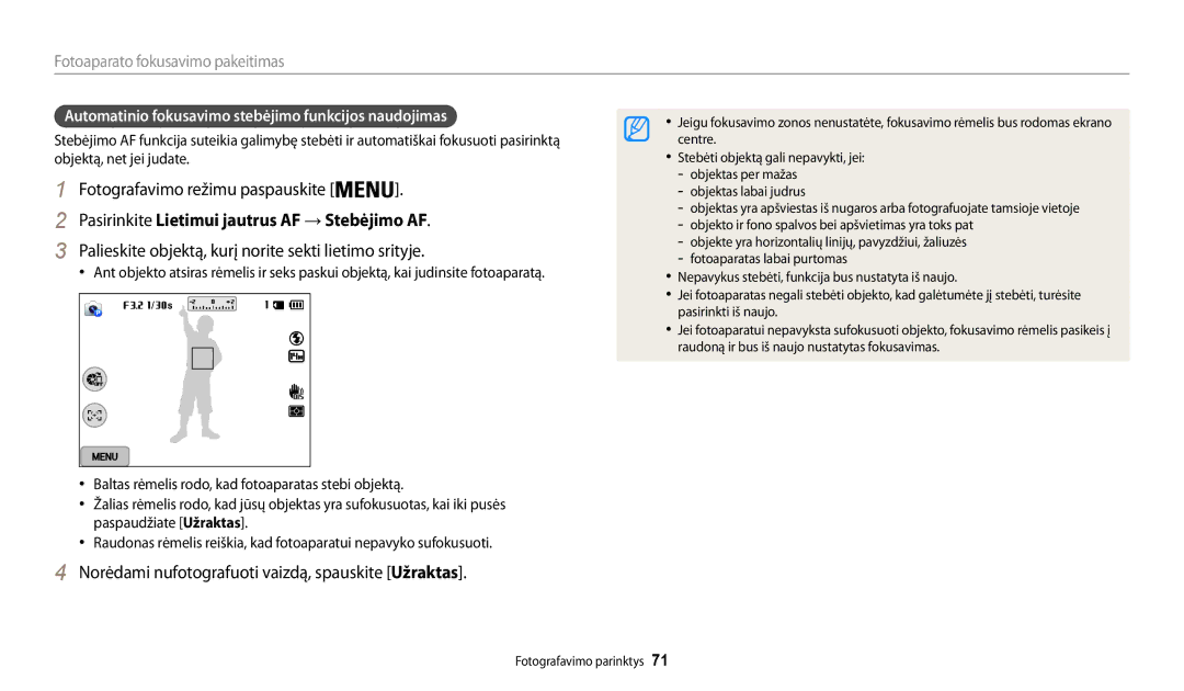 Samsung EC-WB200FBPBE2 manual Pasirinkite Lietimui jautrus AF → Stebėjimo AF 