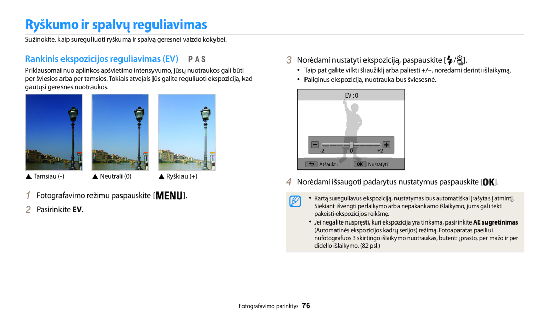 Samsung EC-WB200FBPBE2 manual Ryškumo ir spalvų reguliavimas, Rankinis ekspozicijos reguliavimas EV 