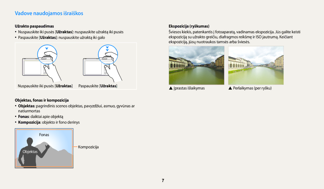 Samsung EC-WB200FBPBE2 manual Vadove naudojamos išraiškos, Užrakto paspaudimas, Objektas, fonas ir kompozicija 