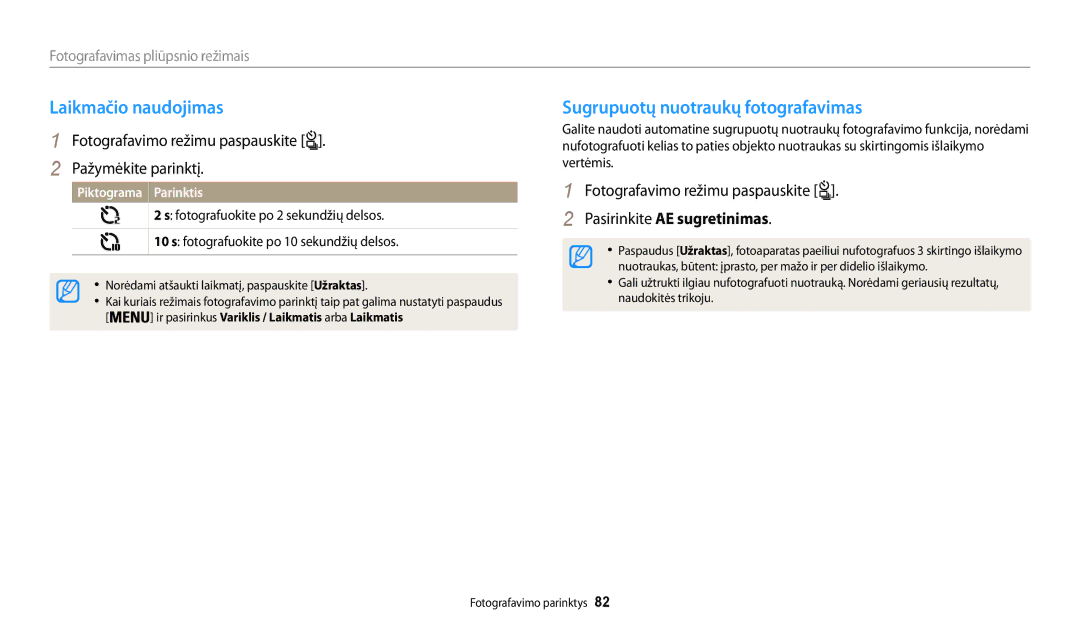 Samsung EC-WB200FBPBE2 manual Laikmačio naudojimas, Sugrupuotų nuotraukų fotografavimas, Pasirinkite AE sugretinimas 