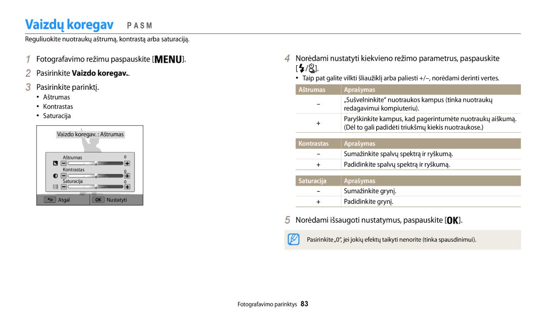 Samsung EC-WB200FBPBE2 Vaizdų koregav, Norėdami nustatyti kiekvieno režimo parametrus, paspauskite, Kontrastas, Saturacija 