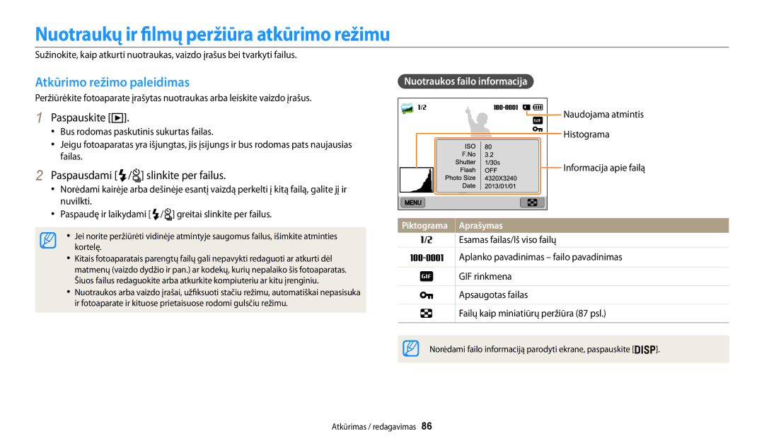 Samsung EC-WB200FBPBE2 manual Nuotraukų ir filmų peržiūra atkūrimo režimu, Atkūrimo režimo paleidimas 