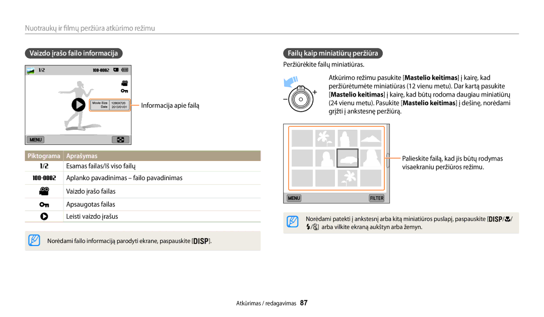 Samsung EC-WB200FBPBE2 manual Nuotraukų ir filmų peržiūra atkūrimo režimu, Vaizdo įrašo failo informacija 