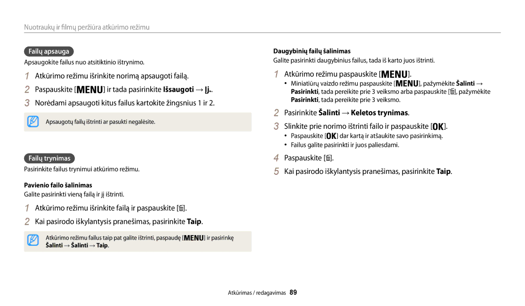 Samsung EC-WB200FBPBE2 manual Norėdami apsaugoti kitus failus kartokite žingsnius 1 ir, Atkūrimo režimu paspauskite 