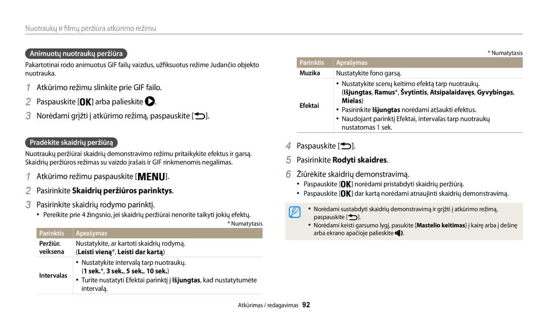 Samsung EC-WB200FBPBE2 manual Atkūrimo režimu slinkite prie GIF failo, Pasirinkite Skaidrių peržiūros parinktys 