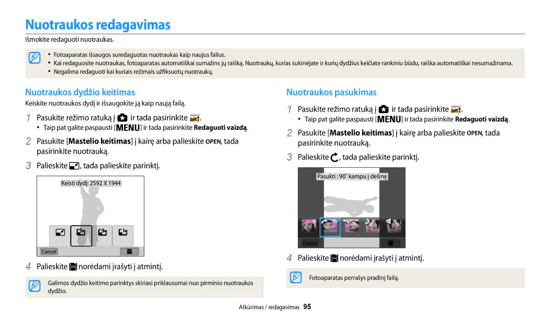 Samsung EC-WB200FBPBE2 manual Nuotraukos redagavimas, Nuotraukos dydžio keitimas, Nuotraukos pasukimas 