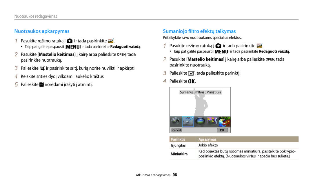 Samsung EC-WB200FBPBE2 manual Nuotraukos apkarpymas, Sumaniojo filtro efektų taikymas, Nuotraukos redagavimas, Jokio efekto 