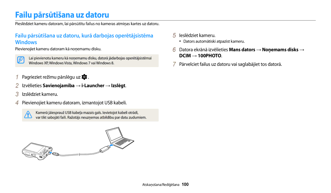 Samsung EC-WB200FBPBE2 manual Failu pārsūtīšana uz datoru, Izvēlieties Savienojamība → i-Launcher → Izslēgt 