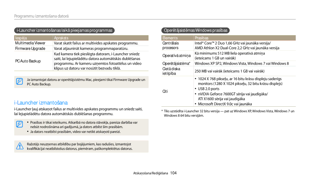 Samsung EC-WB200FBPBE2 manual Launcher izmantošanas laikā pieejamas programmas, Operētājsistēmas Windows prasības 