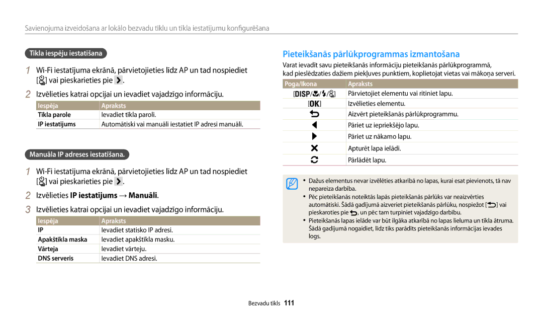 Samsung EC-WB200FBPBE2 manual Pieteikšanās pārlūkprogrammas izmantošana, Izvēlieties IP iestatījums → Manuāli 