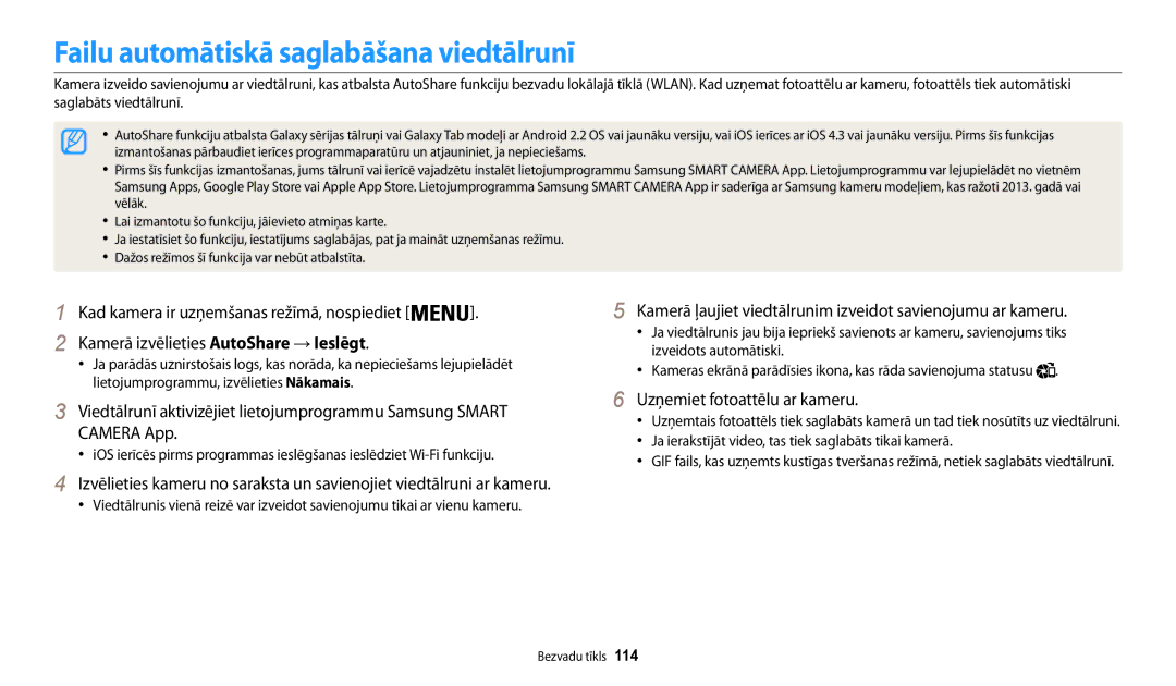 Samsung EC-WB200FBPBE2 manual Failu automātiskā saglabāšana viedtālrunī, Kamerā izvēlieties AutoShare → Ieslēgt 