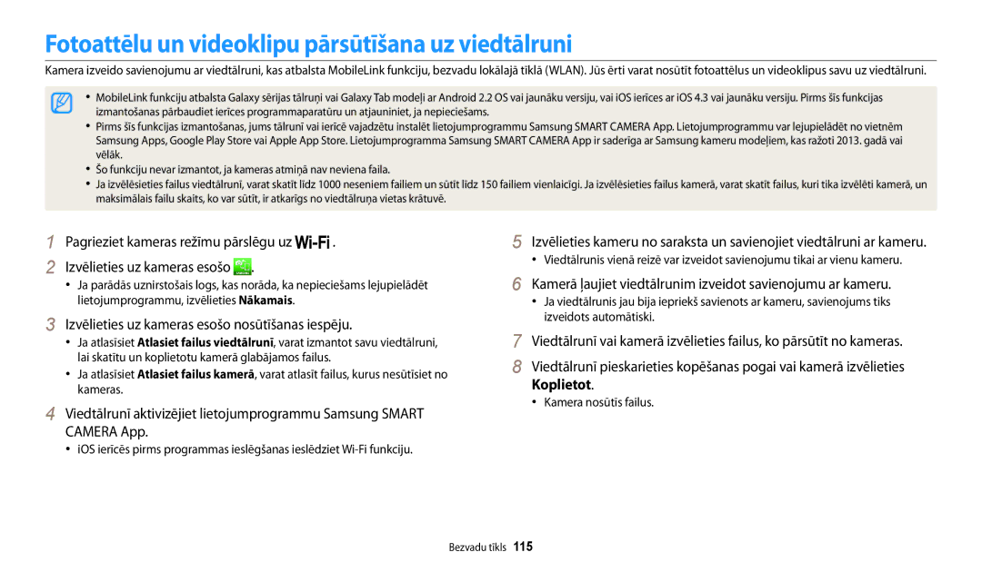 Samsung EC-WB200FBPBE2 manual Fotoattēlu un videoklipu pārsūtīšana uz viedtālruni, Kamera nosūtīs failus 