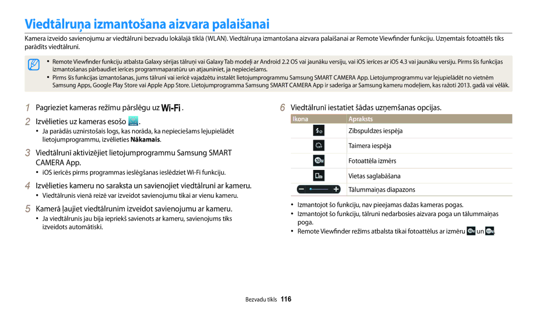 Samsung EC-WB200FBPBE2 manual Viedtālruņa izmantošana aizvara palaišanai, Viedtālrunī iestatiet šādas uzņemšanas opcijas 