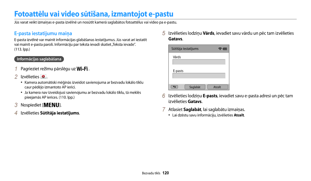 Samsung EC-WB200FBPBE2 manual Fotoattēlu vai video sūtīšana, izmantojot e-pastu, Pasta iestatījumu maiņa 