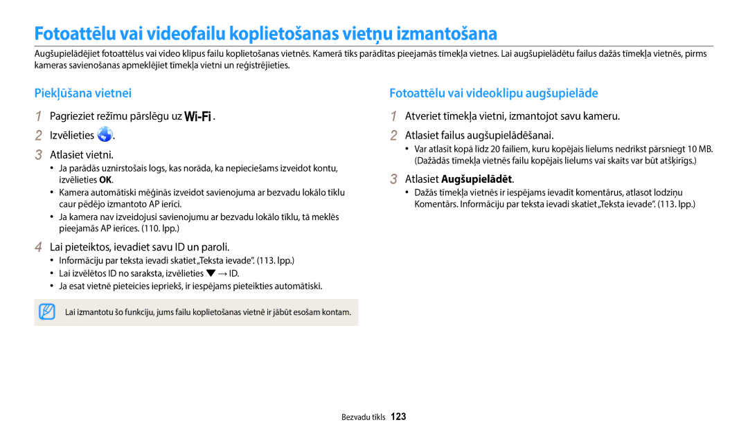 Samsung EC-WB200FBPBE2 manual Fotoattēlu vai videofailu koplietošanas vietņu izmantošana, Piekļūšana vietnei 