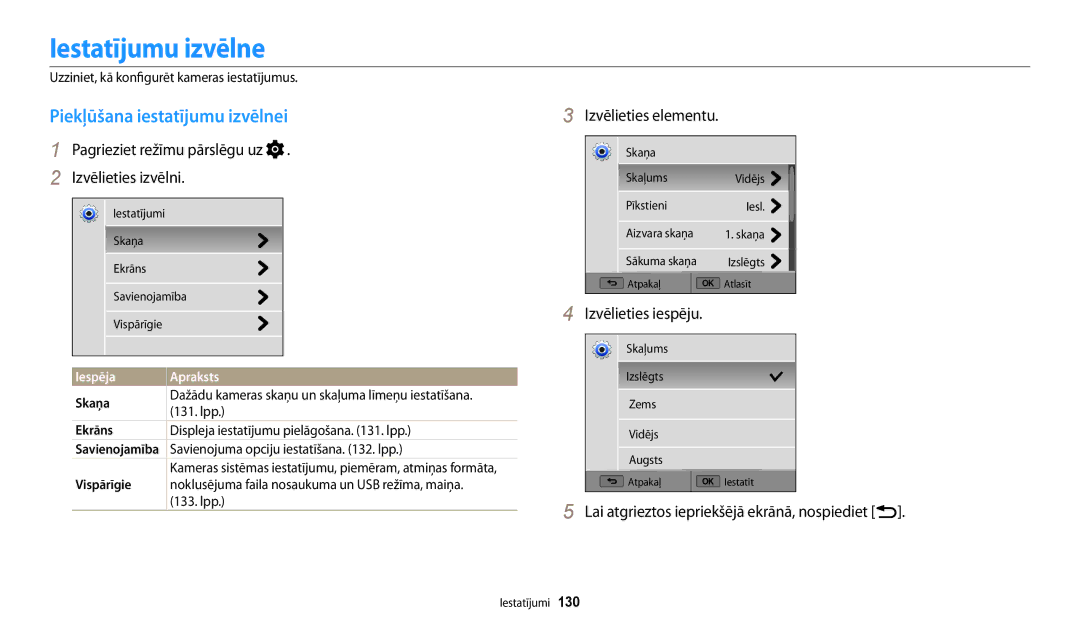 Samsung EC-WB200FBPBE2 manual Iestatījumu izvēlne, Piekļūšana iestatījumu izvēlnei, Izvēlieties elementu 