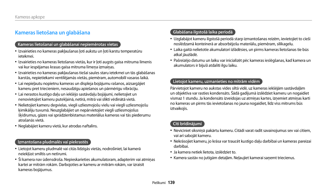 Samsung EC-WB200FBPBE2 manual Kameras lietošana un glabāšana 