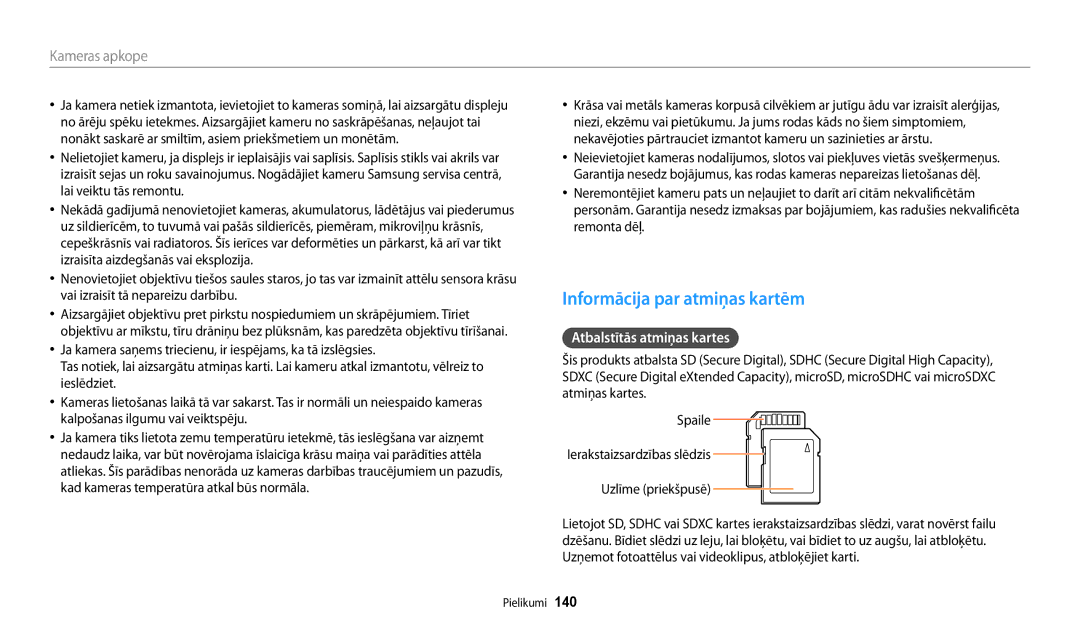 Samsung EC-WB200FBPBE2 manual Informācija par atmiņas kartēm, Atbalstītās atmiņas kartes 