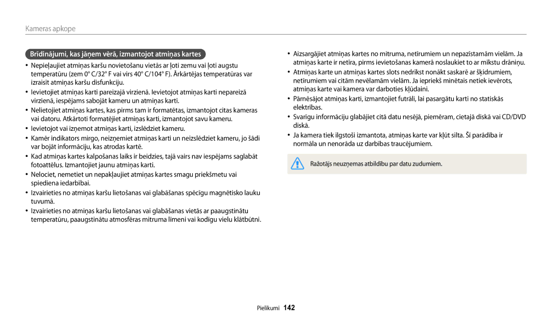 Samsung EC-WB200FBPBE2 manual Brīdinājumi, kas jāņem vērā, izmantojot atmiņas kartes 