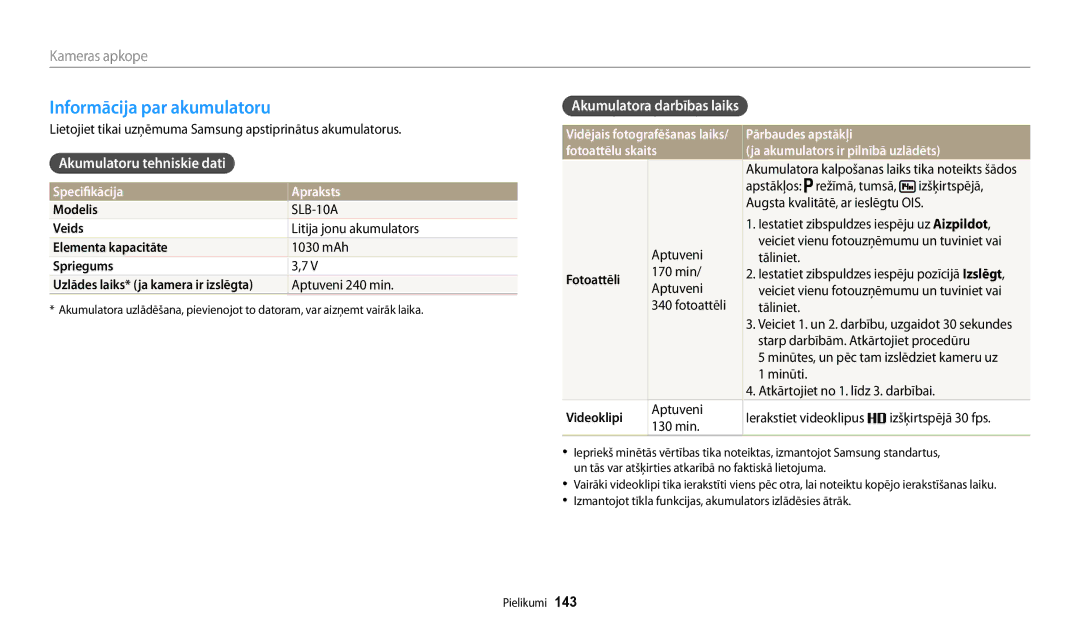 Samsung EC-WB200FBPBE2 manual Informācija par akumulatoru, Akumulatoru tehniskie dati, Akumulatora darbības laiks 