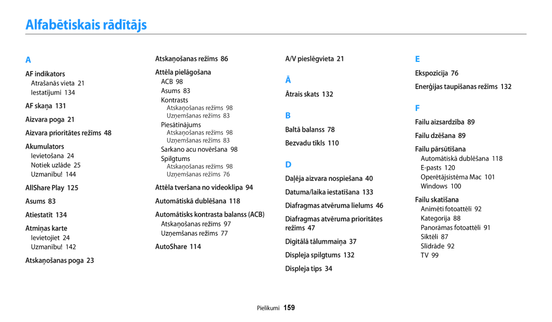 Samsung EC-WB200FBPBE2 manual Alfabētiskais rādītājs 