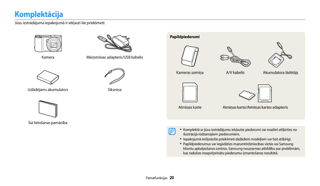 Samsung EC-WB200FBPBE2 manual Komplektācija, Papildpiederumi 