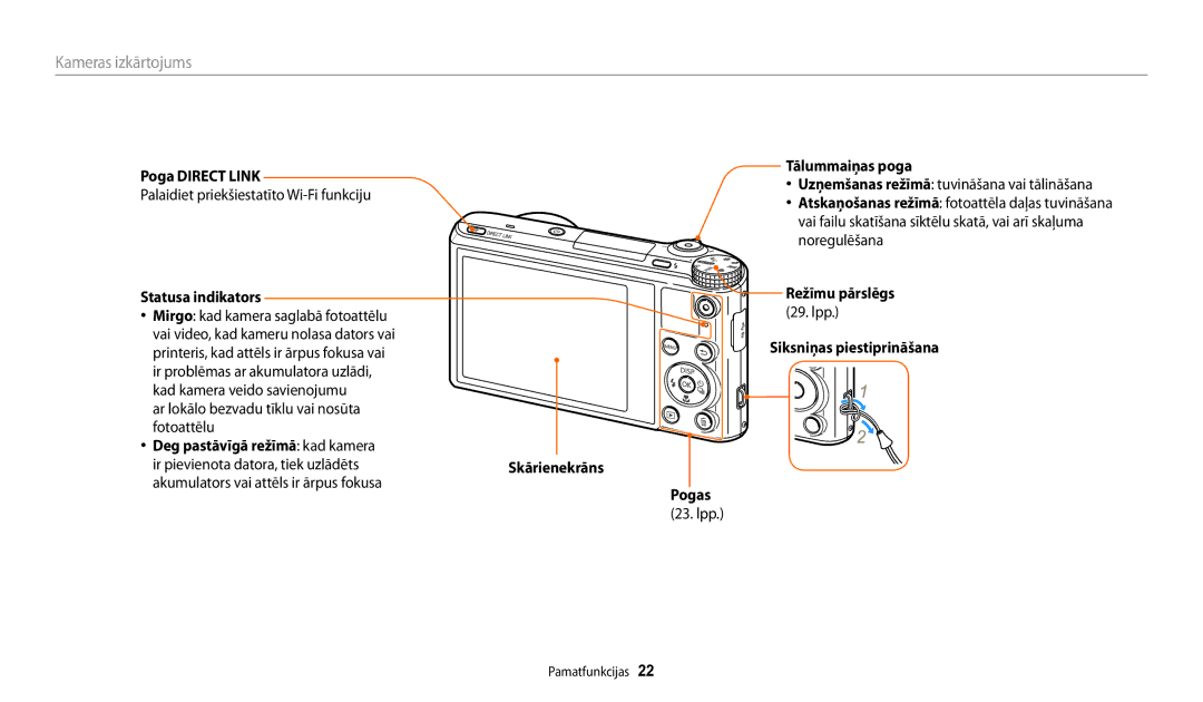 Samsung EC-WB200FBPBE2 manual Poga Direct Link, Palaidiet priekšiestatīto Wi-Fi funkciju, Tālummaiņas poga 