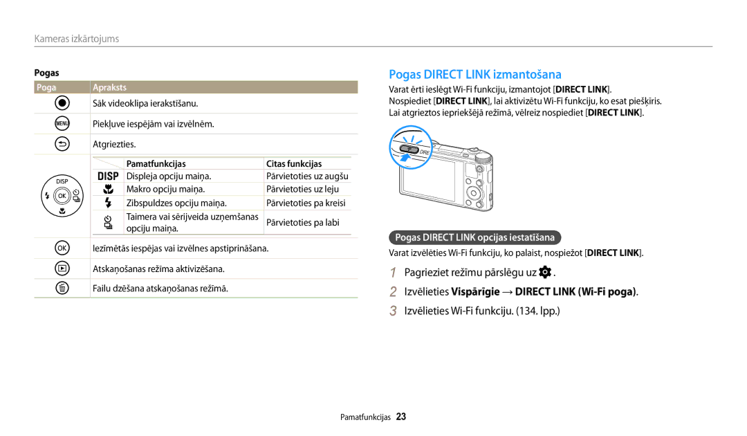 Samsung EC-WB200FBPBE2 manual Pogas Direct Link izmantošana, Izvēlieties Vispārīgie → Direct Link Wi-Fi poga, Poga Apraksts 