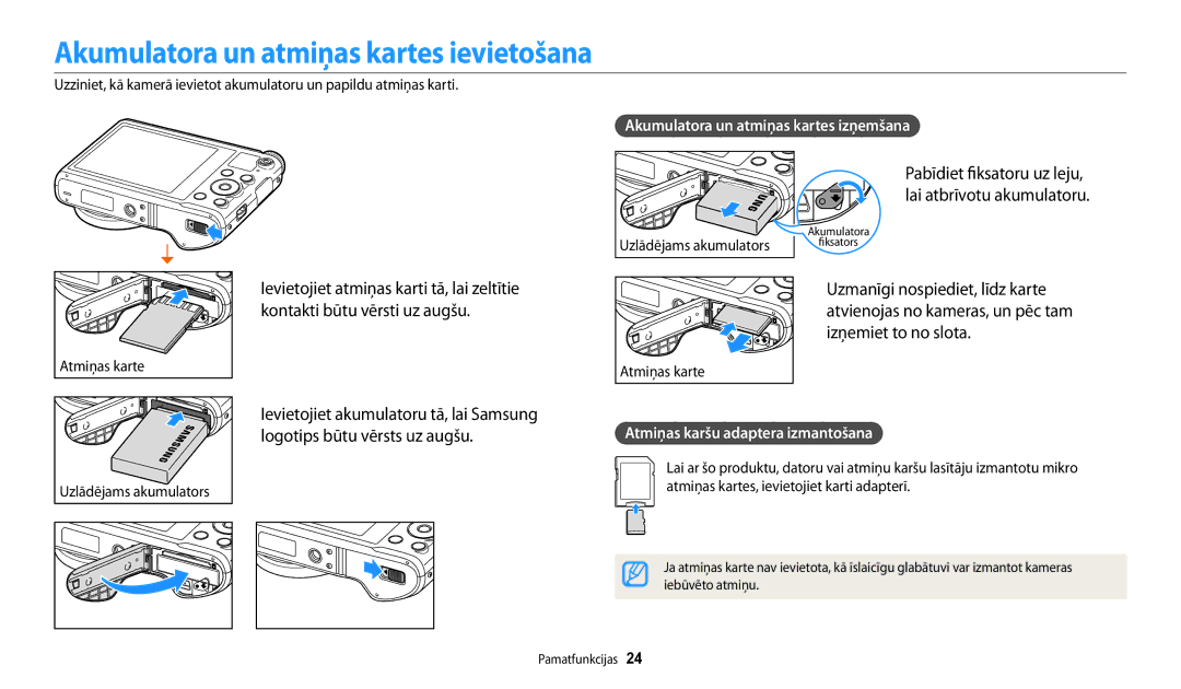 Samsung EC-WB200FBPBE2 manual Akumulatora un atmiņas kartes ievietošana, Akumulatora un atmiņas kartes izņemšana 