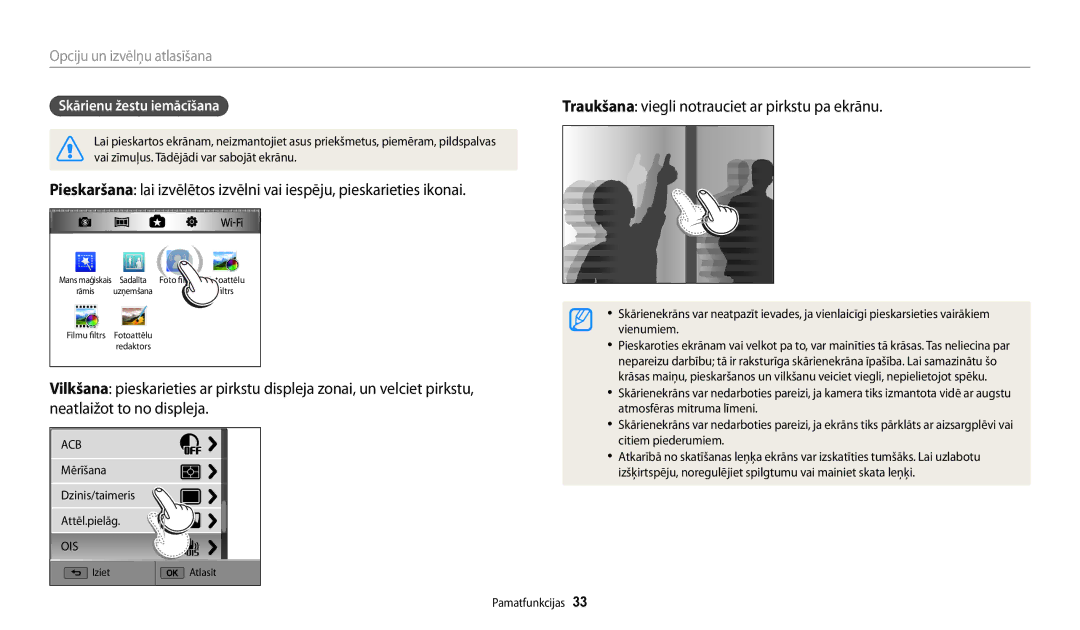 Samsung EC-WB200FBPBE2 manual Traukšana viegli notrauciet ar pirkstu pa ekrānu, Skārienu žestu iemācīšana 