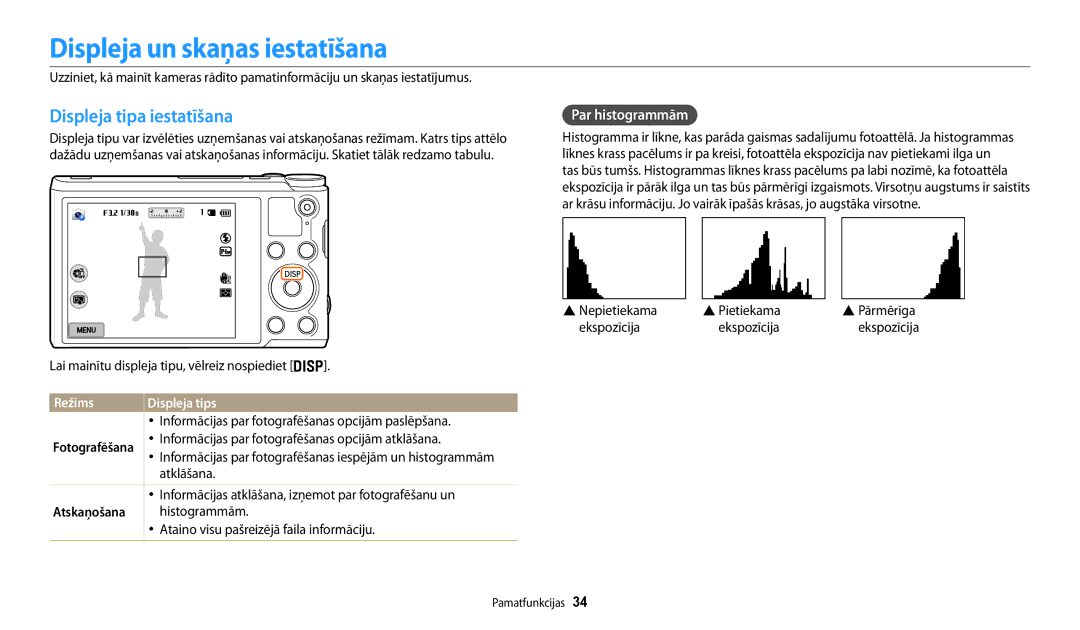 Samsung EC-WB200FBPBE2 Displeja un skaņas iestatīšana, Displeja tipa iestatīšana, Par histogrammām, Režīms Displeja tips 