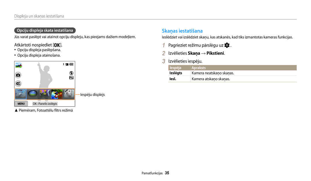 Samsung EC-WB200FBPBE2 manual Skaņas iestatīšana, Izvēlieties Skaņa → Pīkstieni Izvēlieties iespēju, Iespēja Apraksts 