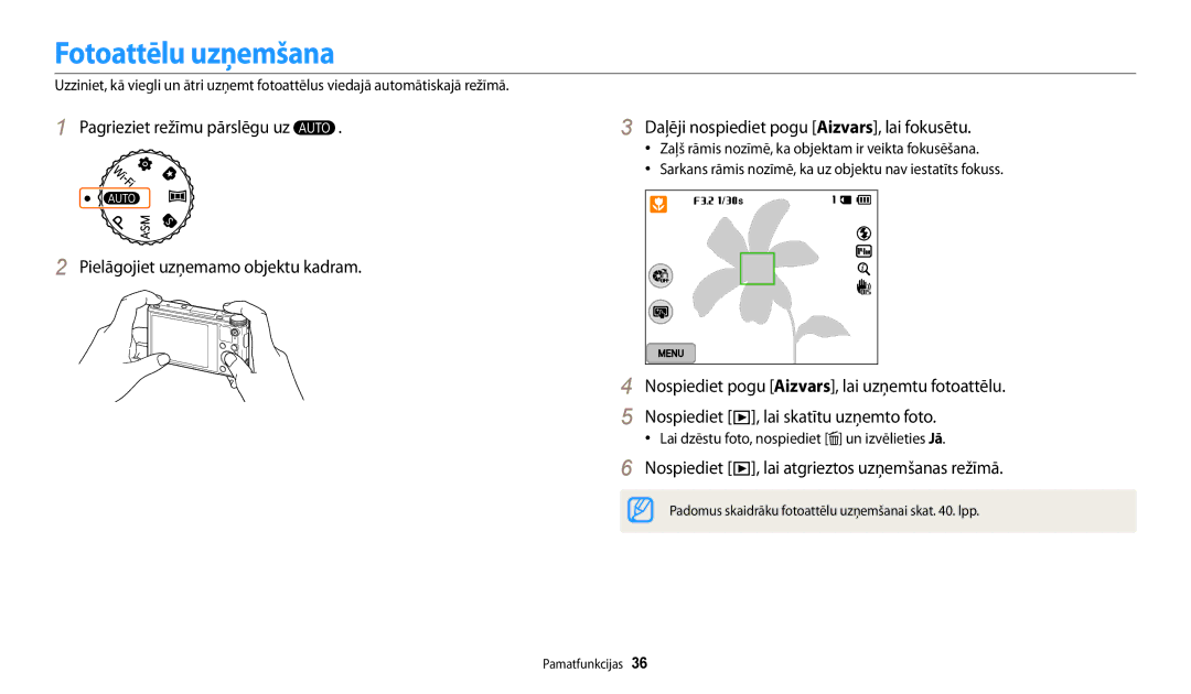 Samsung EC-WB200FBPBE2 manual Fotoattēlu uzņemšana, Nospiediet , lai atgrieztos uzņemšanas režīmā 