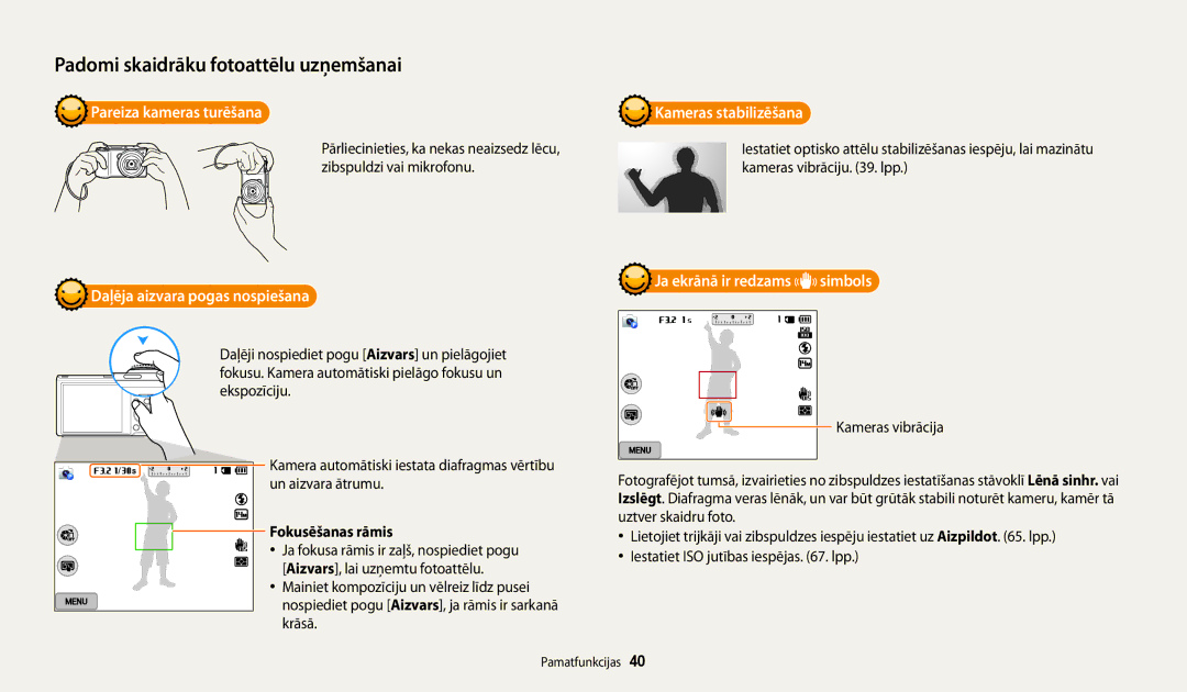 Samsung EC-WB200FBPBE2 manual Pareiza kameras turēšana, Daļēja aizvara pogas nospiešana, Fokusēšanas rāmis 