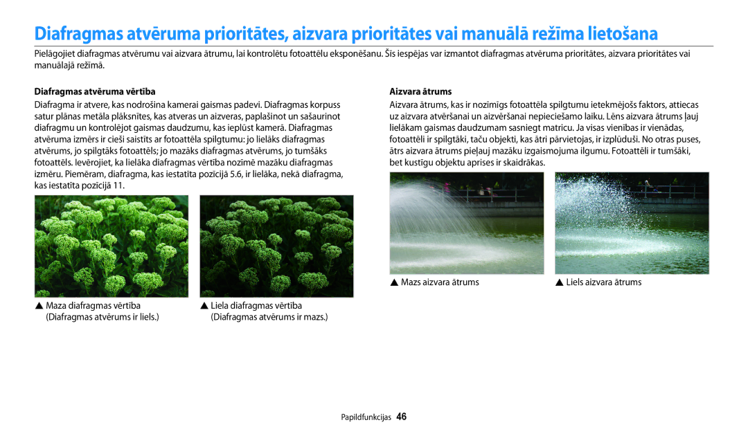 Samsung EC-WB200FBPBE2 manual Diafragmas atvēruma vērtība, Aizvara ātrums,  Mazs aizvara ātrums 