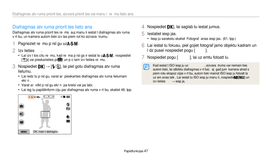 Samsung EC-WB200FBPBE2 manual Diafragmas atvēruma prioritātes lietošana, Pagrieziet režīmu pārslēgu uz Izvēlieties 