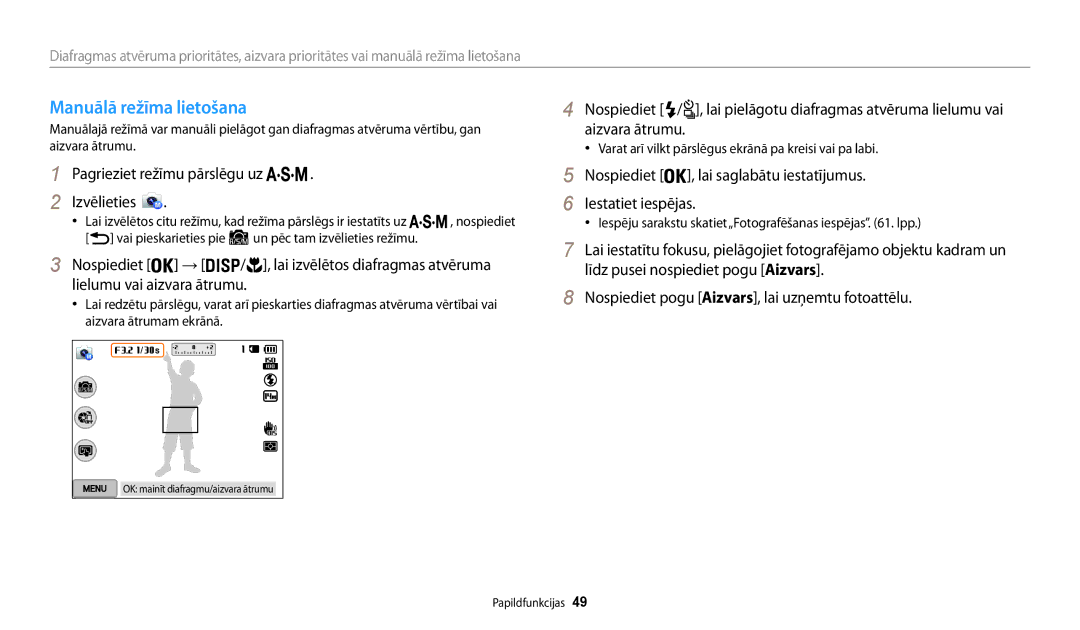 Samsung EC-WB200FBPBE2 manual Manuālā režīma lietošana, Varat arī vilkt pārslēgus ekrānā pa kreisi vai pa labi 