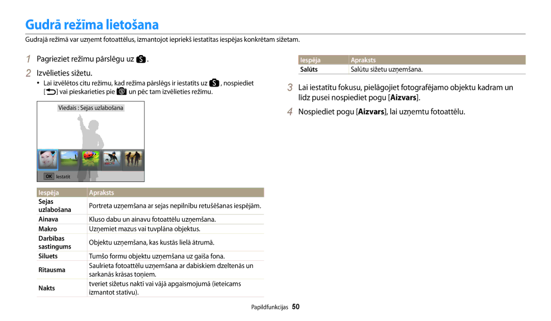 Samsung EC-WB200FBPBE2 manual Gudrā režīma lietošana, Izvēlieties sižetu, Līdz pusei nospiediet pogu Aizvars 