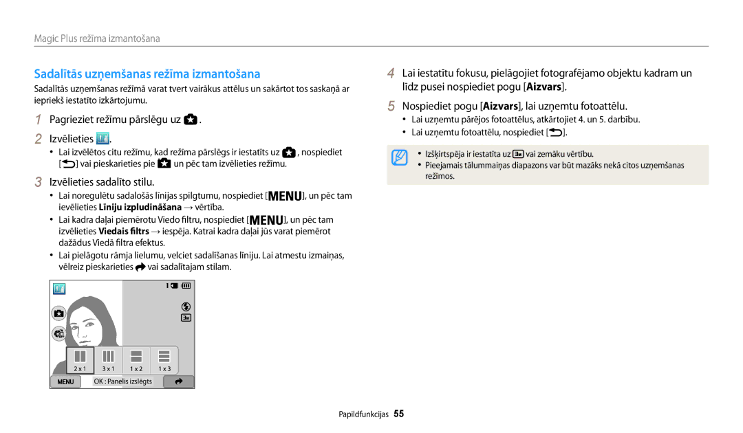 Samsung EC-WB200FBPBE2 manual Sadalītās uzņemšanas režīma izmantošana, Izvēlieties sadalīto stilu 