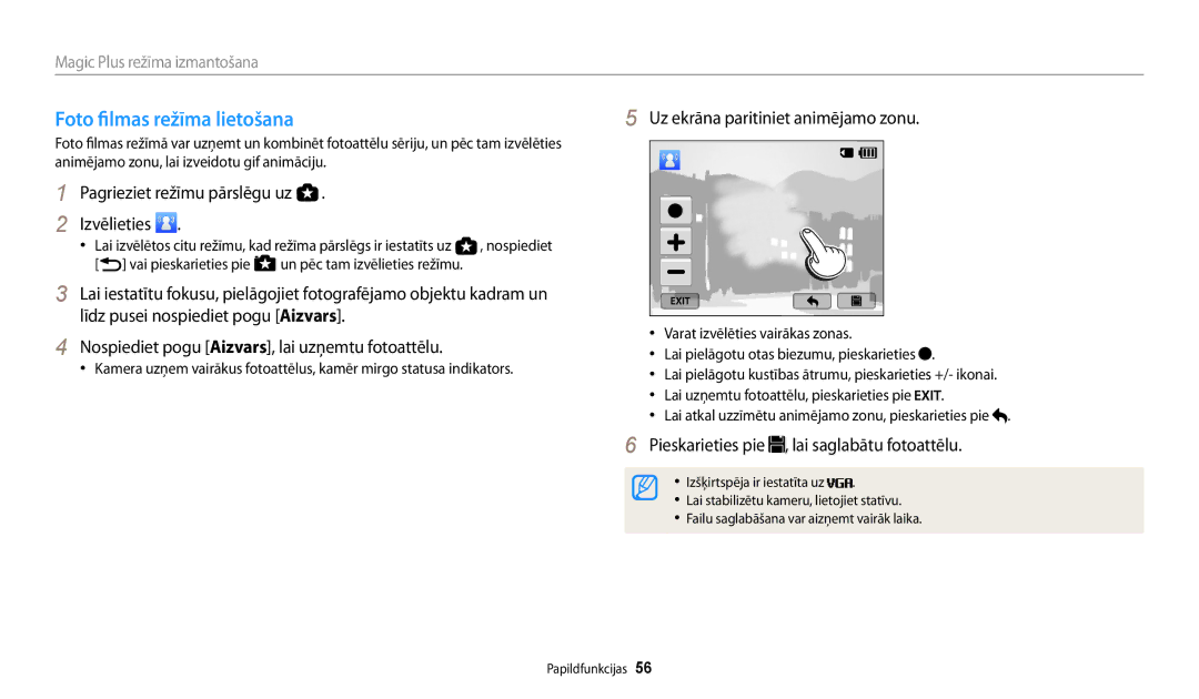 Samsung EC-WB200FBPBE2 manual Foto filmas režīma lietošana, Uz ekrāna paritiniet animējamo zonu 