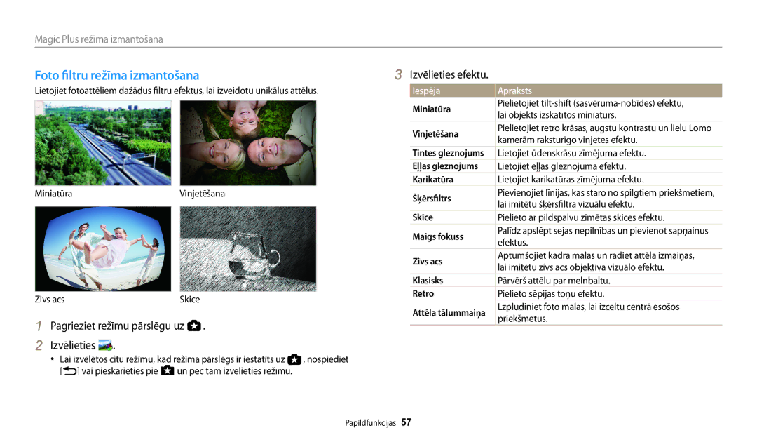 Samsung EC-WB200FBPBE2 manual Foto filtru režīma izmantošana, Izvēlieties efektu 