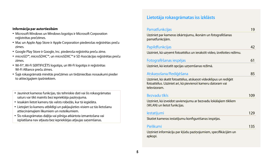 Samsung EC-WB200FBPBE2 manual Lietotāja rokasgrāmatas īss izklāsts, 109, 129, 135, Informācija par autortiesībām 